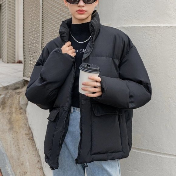 Contemporary Zip up Drawstring Hem Flap Pocket Puffer Coat Comfy fall winter - Picture 7 of 11